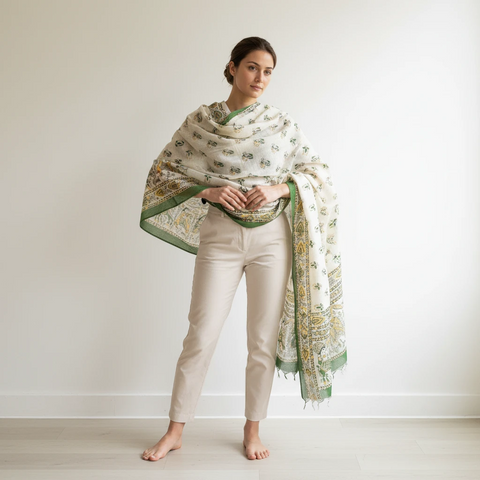 Mehendi Green printed Madhubani dupatta draped over ethnic outfit — traditional fashion