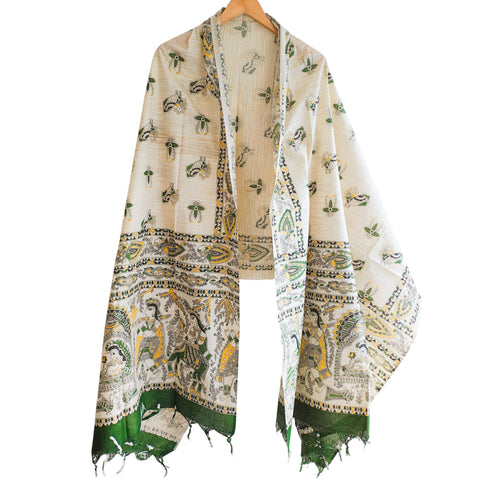 Close-up of Madhubani art print motif pattern on mehendi green khadi silk dupatta