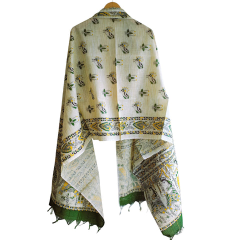 Close-up of Madhubani art print motif pattern on mehendi green khadi silk dupatta