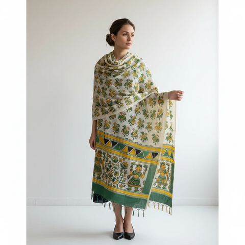 Mehendi Green printed Madhubani dupatta draped over ethnic outfit — traditional fashion