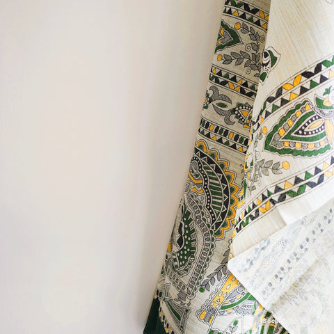 Close-up of Madhubani art print motif pattern on mehendi green khadi silk dupatta