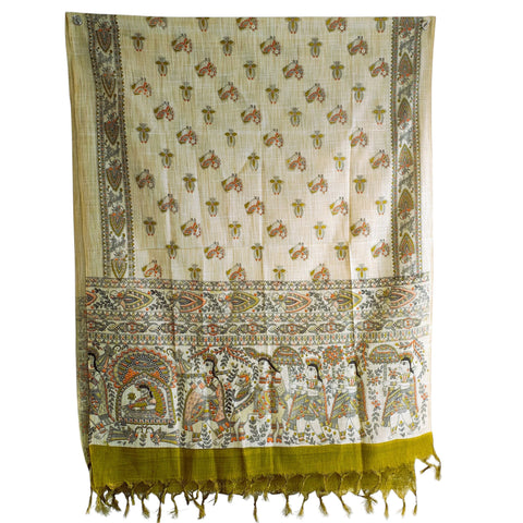 Olive Green Madhubani art printed khadi silk dupatta — full hanger display view