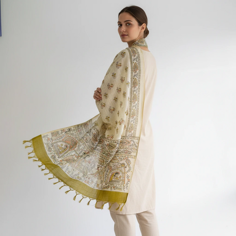 Olive Green printed Madhubani dupatta draped over ethnic outfit — traditional fashion