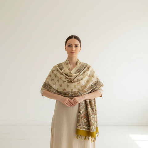 Olive Green printed Madhubani dupatta draped over ethnic outfit — traditional fashion