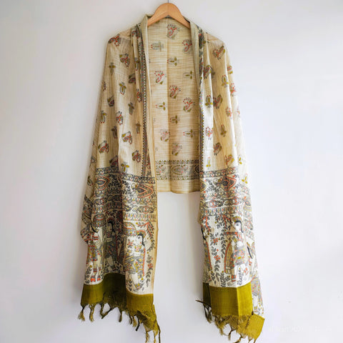 Close-up of Madhubani art print motif pattern on olive green khadi silk dupatta