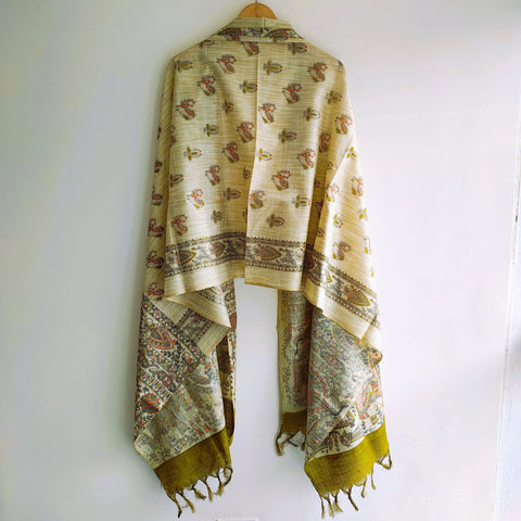 Close-up of Madhubani art print motif pattern on olive green khadi silk dupatta