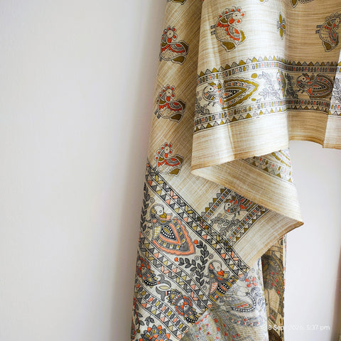 Close-up of Madhubani art print motif pattern on olive green khadi silk dupatta