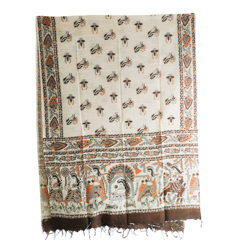 Chocolate Brown Madhubani art printed khadi silk dupatta — full hanger display view
