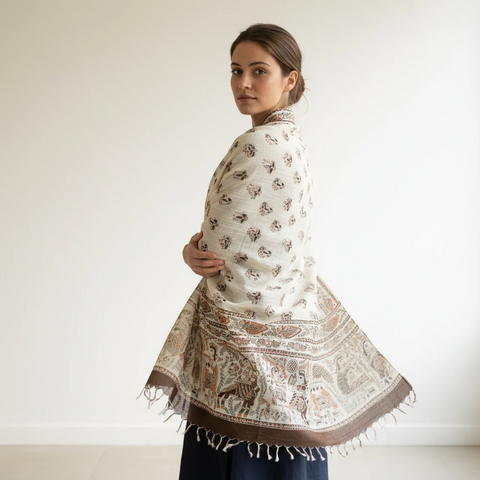 Chocolate Brown printed Madhubani dupatta draped over ethnic outfit — traditional fashion