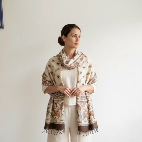 Chocolate Brown printed Madhubani dupatta draped over ethnic outfit — traditional fashion