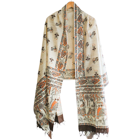 Close-up of Madhubani art print motif pattern on chocolate brown khadi silk dupatta