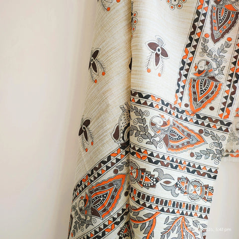 Close-up of Madhubani art print motif pattern on chocolate brown khadi silk dupatta