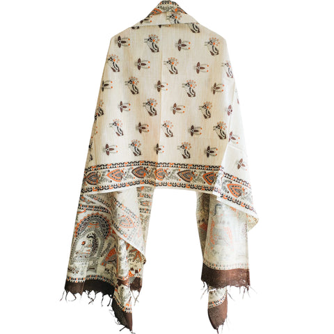 Close-up of Madhubani art print motif pattern on chocolate brown khadi silk dupatta