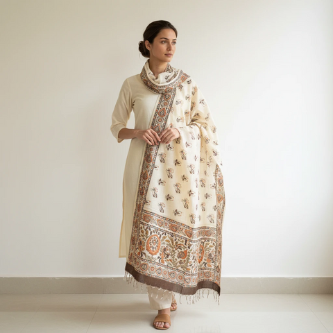 Chocolate Brown printed Madhubani dupatta draped over ethnic outfit — traditional fashion