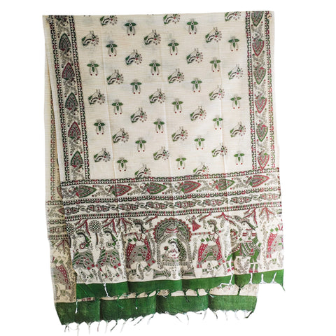 Forest Green Madhubani art printed khadi silk dupatta — full hanger display view