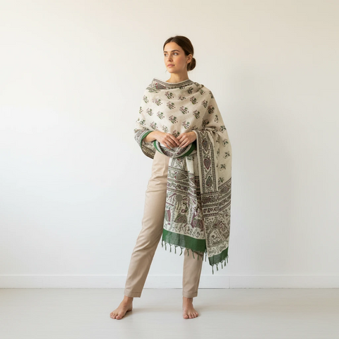 Forest Green printed Madhubani dupatta draped over ethnic outfit — traditional fashion