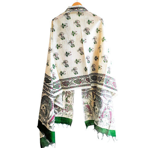 Close-up of Madhubani art print motif pattern on forest green khadi silk dupatta