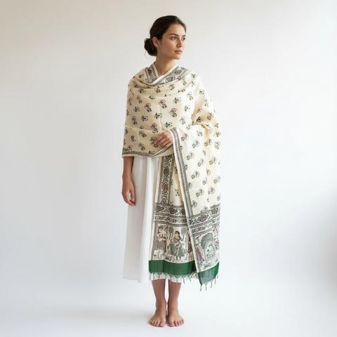 Forest Green printed Madhubani dupatta draped over ethnic outfit — traditional fashion