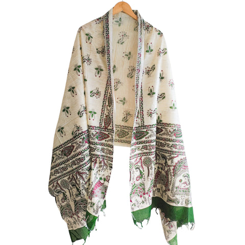 Close-up of Madhubani art print motif pattern on forest green khadi silk dupatta