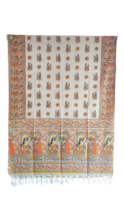 Rust Madhubani art printed khadi silk dupatta — full hanger display view