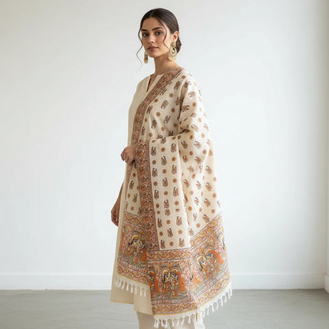 Close-up of Madhubani art print motif pattern on rust khadi silk dupatta