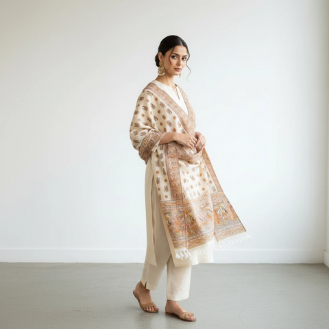 Rust printed Madhubani dupatta draped over ethnic outfit — traditional fashion