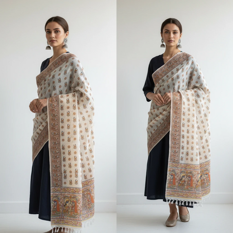 Rust printed Madhubani dupatta draped over ethnic outfit — traditional fashion