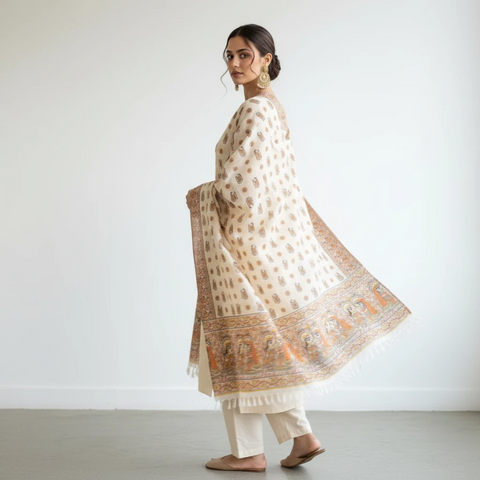 Close-up of Madhubani art print motif pattern on rust khadi silk dupatta