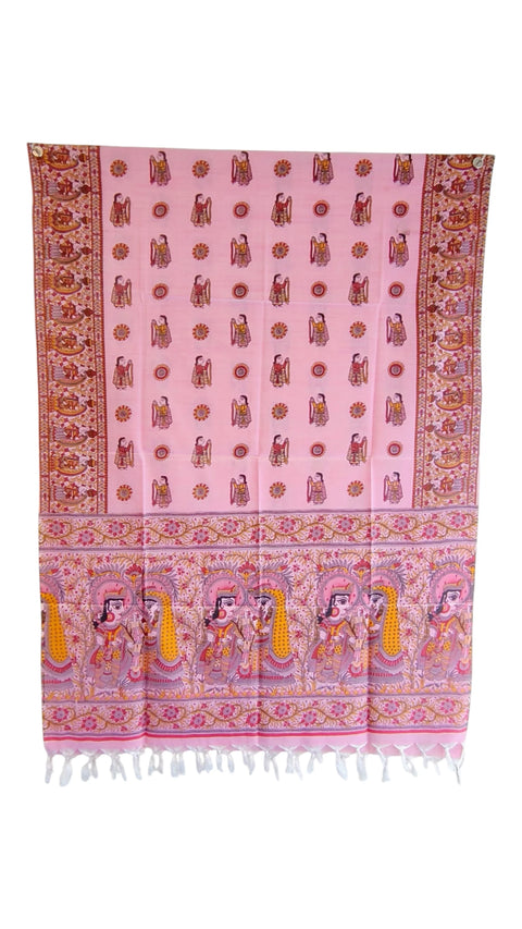 Rani Pink Madhubani art printed khadi silk dupatta — full hanger display view