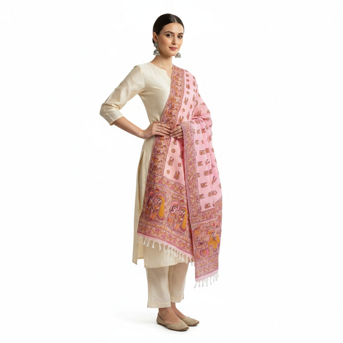 Rani Pink printed Madhubani dupatta draped over ethnic outfit — traditional fashion