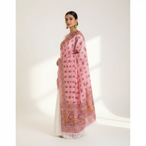 Rani Pink printed Madhubani dupatta draped over ethnic outfit — traditional fashion