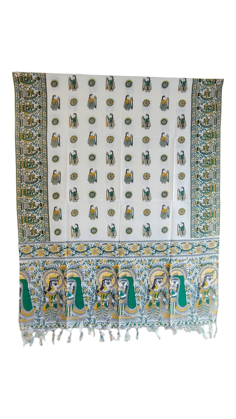 Bottle Green Madhubani art printed khadi silk dupatta — full hanger display view