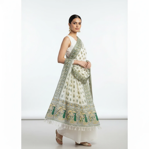 Close-up of Madhubani art print motif pattern on bottle green khadi silk dupatta