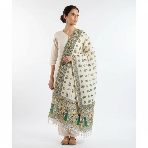 Bottle Green printed Madhubani dupatta draped over ethnic outfit — traditional fashion