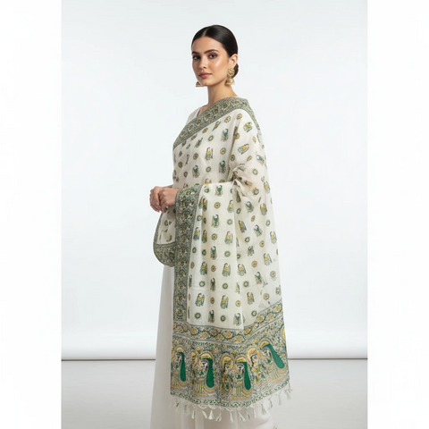 Bottle Green printed Madhubani dupatta draped over ethnic outfit — traditional fashion