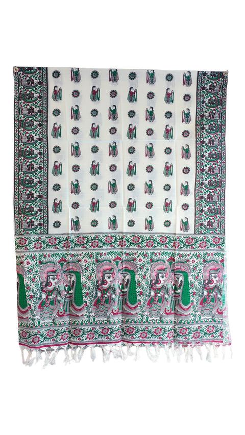 Emerald Pink Madhubani art printed khadi silk dupatta — full hanger display view