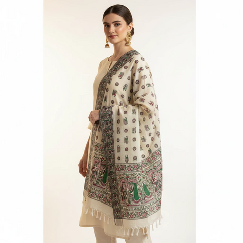 Close-up of Madhubani art print motif pattern on emerald pink khadi silk dupatta