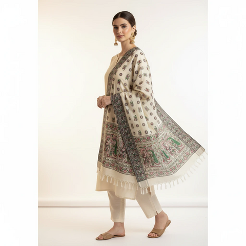 Emerald Pink printed Madhubani dupatta draped over ethnic outfit — traditional fashion