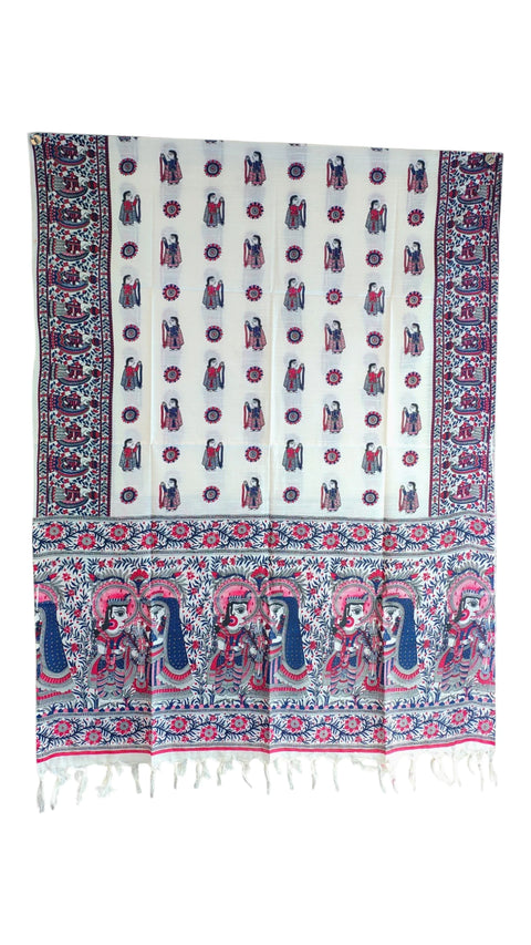 Navy Blue Madhubani art printed khadi silk dupatta — full hanger display view