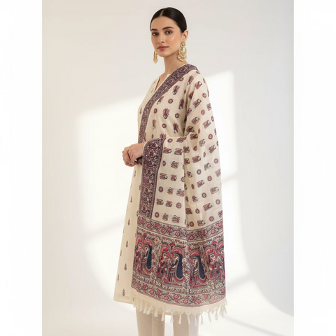 Close-up of Madhubani art print motif pattern on navy blue khadi silk dupatta