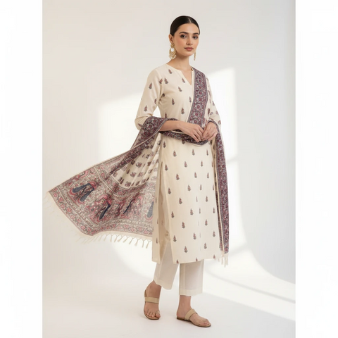 Navy Blue printed Madhubani dupatta draped over ethnic outfit — traditional fashion