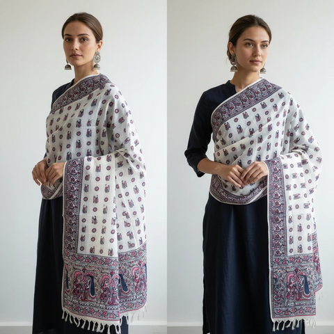 Navy Blue printed Madhubani dupatta draped over ethnic outfit — traditional fashion