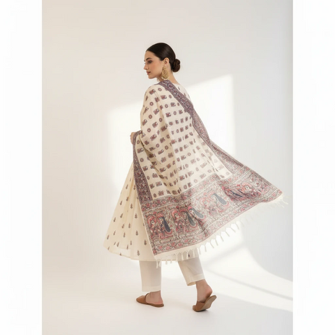 Close-up of Madhubani art print motif pattern on navy blue khadi silk dupatta