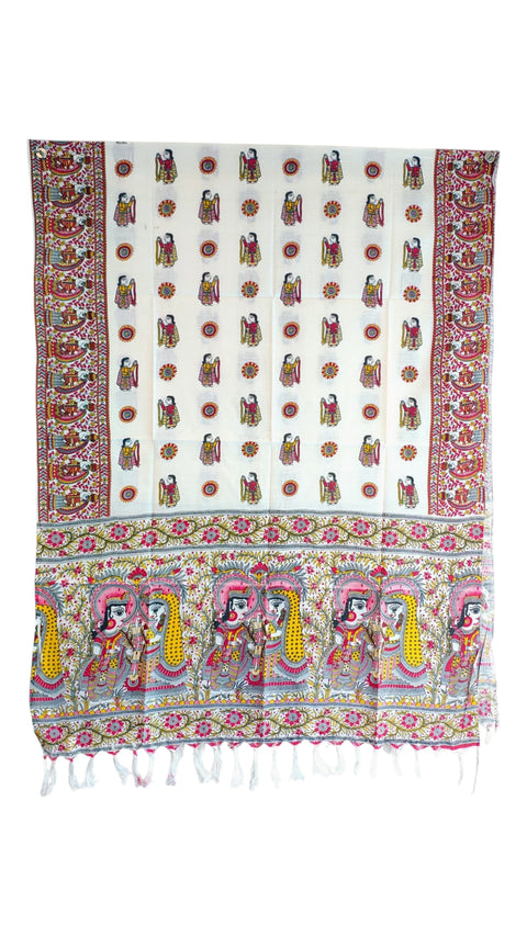 Mustard Madhubani art printed khadi silk dupatta — full hanger display view