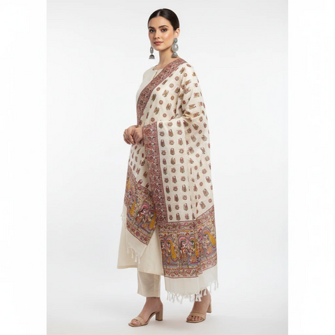 Close-up of Madhubani art print motif pattern on mustard khadi silk dupatta