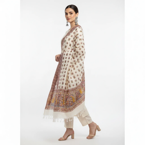 Mustard printed Madhubani dupatta draped over ethnic outfit — traditional fashion