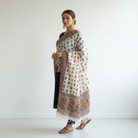 Mustard printed Madhubani dupatta draped over ethnic outfit — traditional fashion