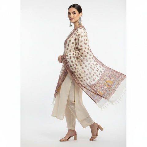 Close-up of Madhubani art print motif pattern on mustard khadi silk dupatta