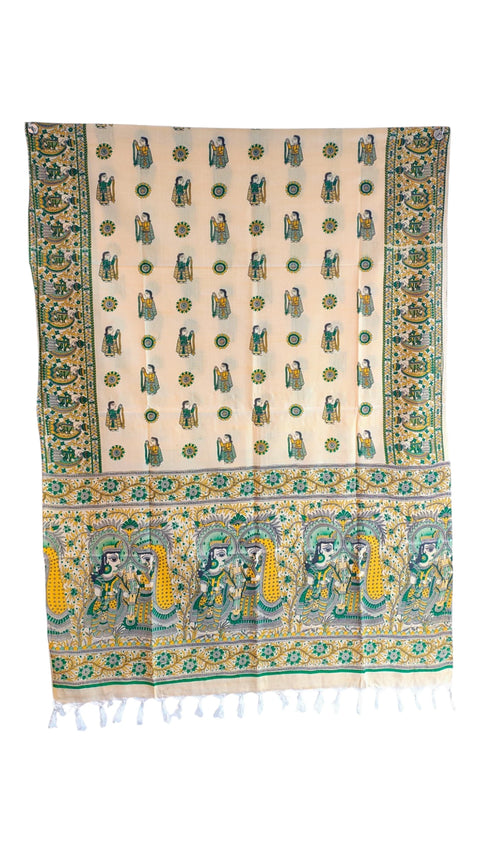 Peach Madhubani art printed khadi silk dupatta — full hanger display view