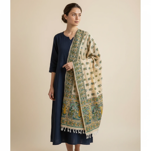 Close-up of Madhubani art print motif pattern on peach khadi silk dupatta